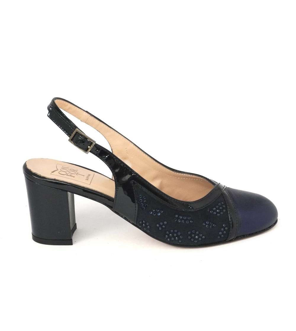 Confort Slingback Classic Strass Camoscio Vernice Blu Notte