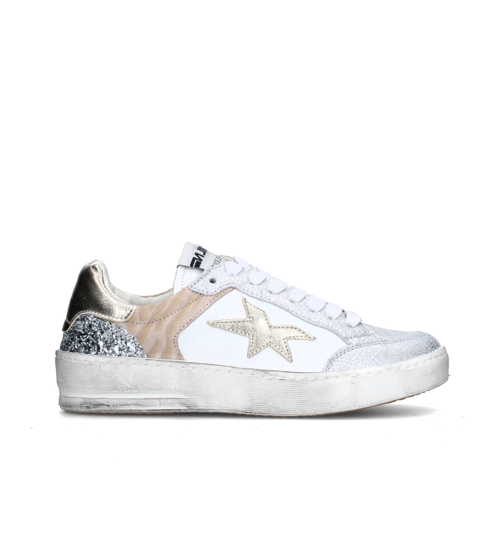 Méliné Sneakers Bassa Fondo Sfumato Laminato Camoscio Bianco Argento