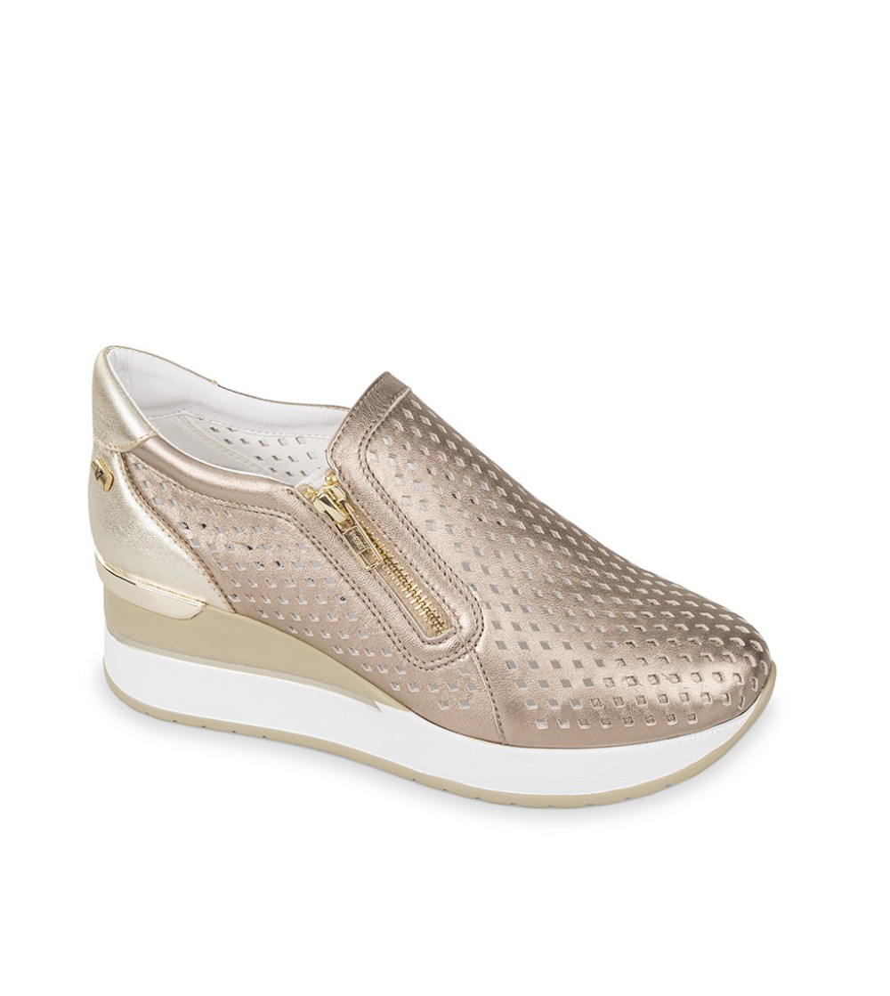 Valleverde Slipon Zeppa Alta con Zip Pelle Traforata Bronzo