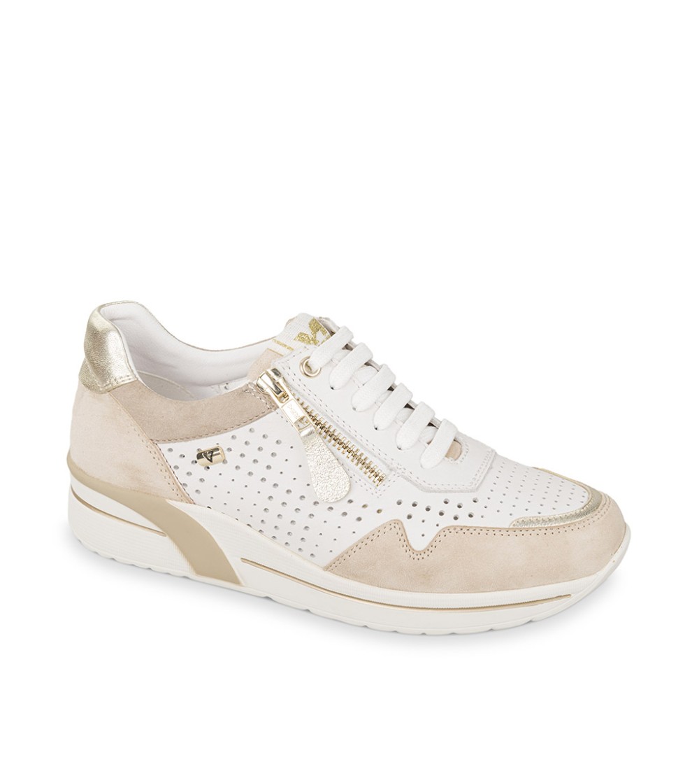 Valleverde Sneakers Traforata con Zip Pelle Bianco Oro