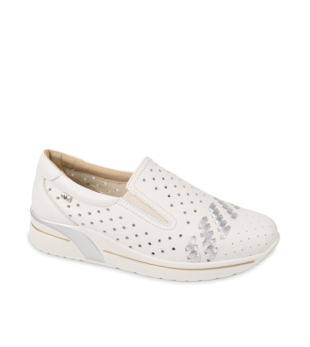 Valleverde Slipon Sportivo Traforato Intrecci Pelle Bianco Argento