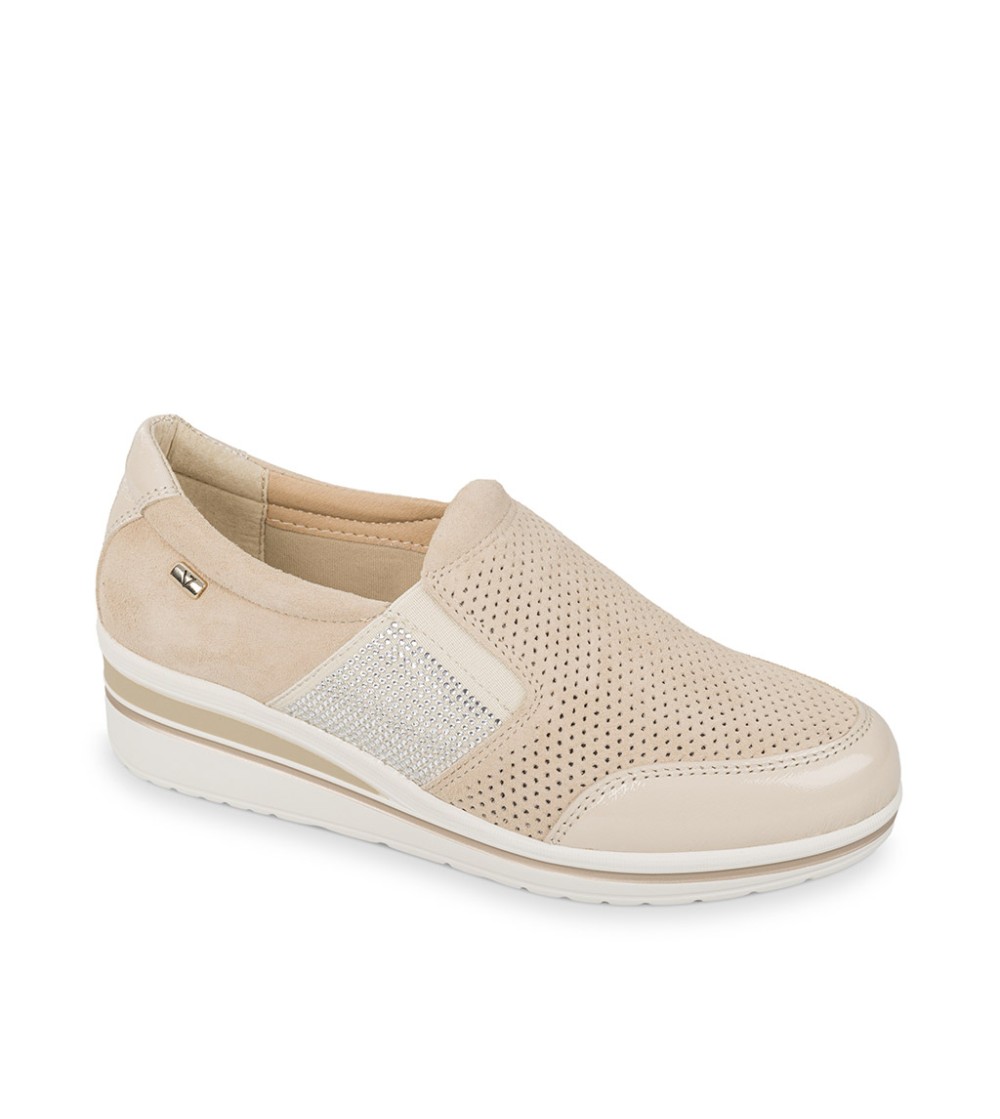 Valleverde Slipon Classic Agile Traforata con Strass Camoscio Beige