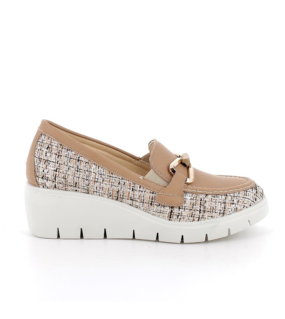 Enval Soft Mocassino Zeppa Alta Morsetto Pelle Tessuto Camel