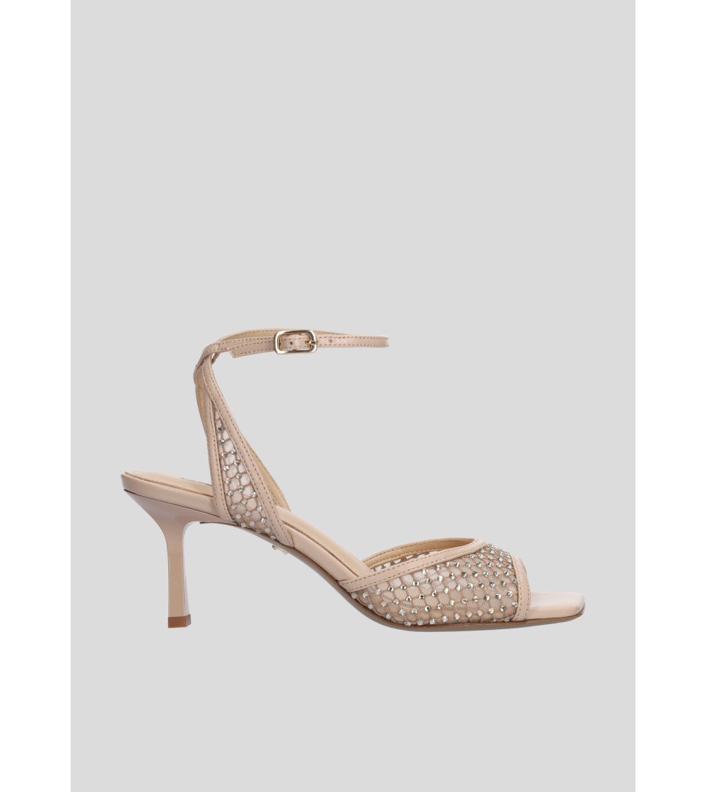 Lola Cruz Sandalo Carmen Tacco Medio Braccialetto Rete Strass Nude