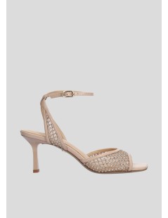 Lola Cruz Sandalo Carmen Tacco Medio Braccialetto Rete Strass Nude