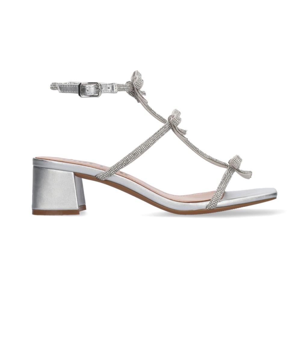 Bibi Lou Sandalo Abby Tacco Medio Fiocchi Caviglia Strass Argento