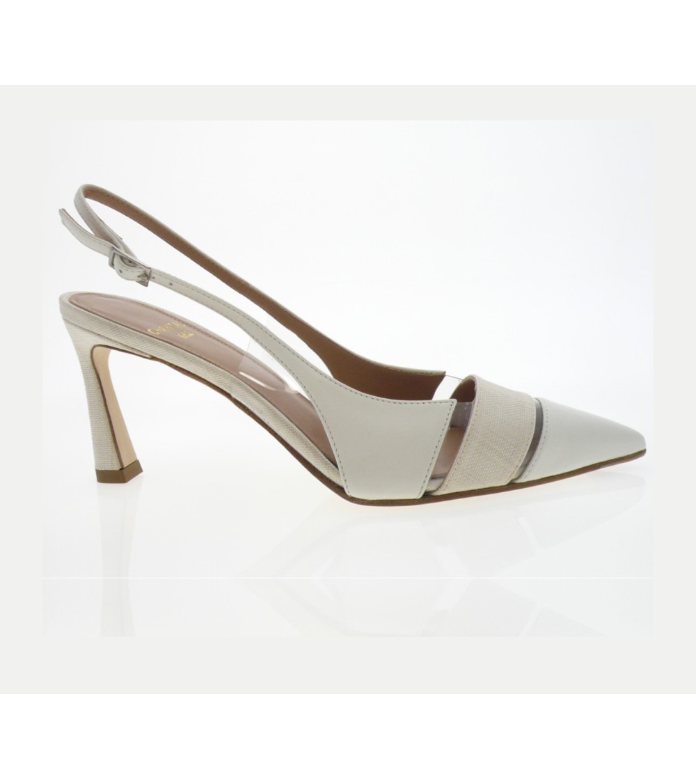 Chantal Slingback Tacco Stiletto Inserti Tessuto Vinile Bianco