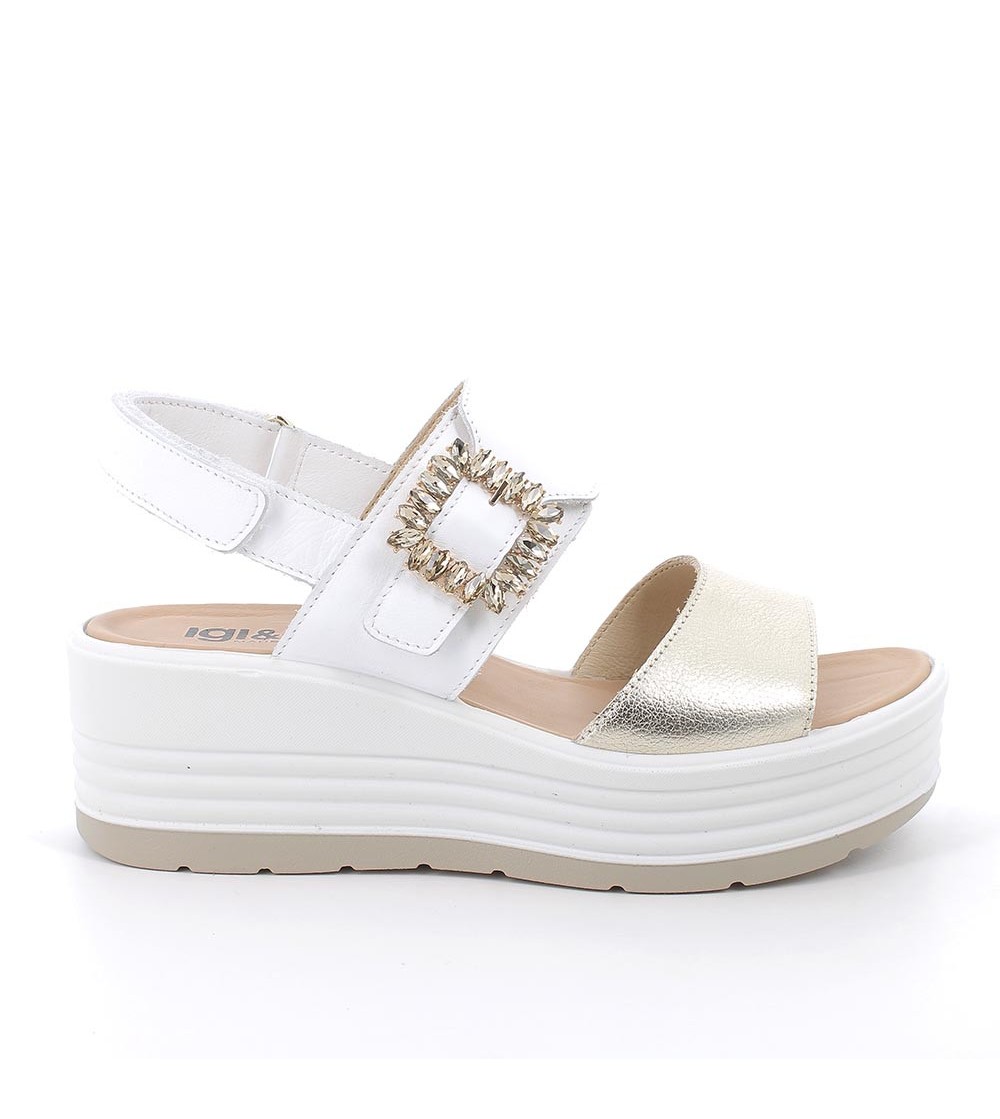 IGI &Co Sandalo Zeppa Paltform Velcro Strass Nappa Bianco Platino