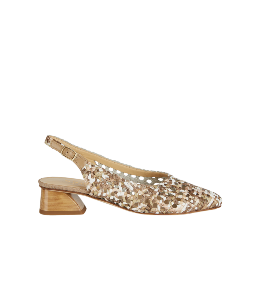 Brunate Slingback Tacco Medio Pelle Intrecciata Cuoio Sabbia