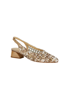 Brunate Slingback Tacco Medio Pelle Intrecciata Cuoio Sabbia