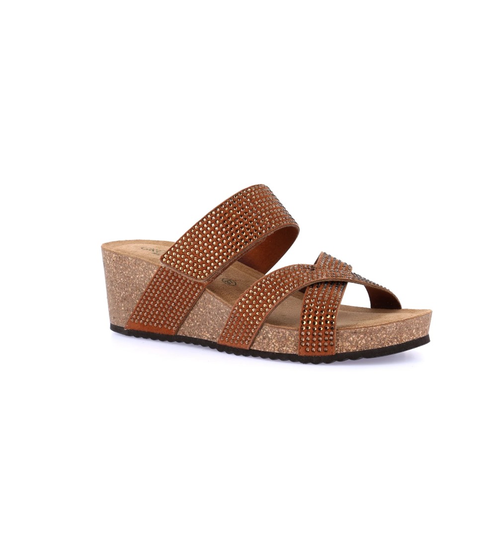 Grunland Ciabatta Sughero Zeppa Alta Fasce Strass Cuoio