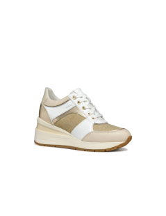 Geox Sneakers Zosma Zeppa Alta Inserti Tessuto Pelle Bianco Oro