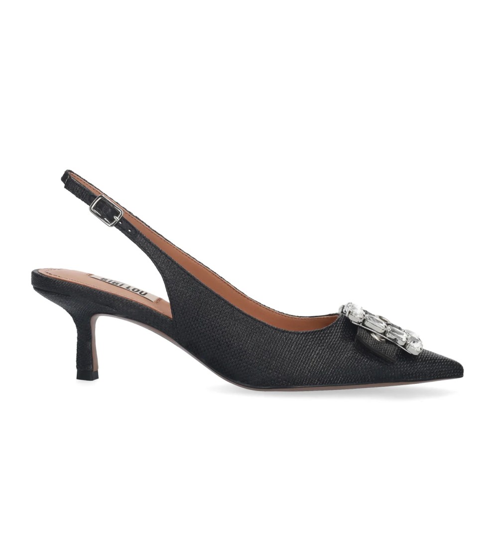 Bibi Lou Mia Slingback Tacco Medio Fibbia Gioiello Rafia Nero