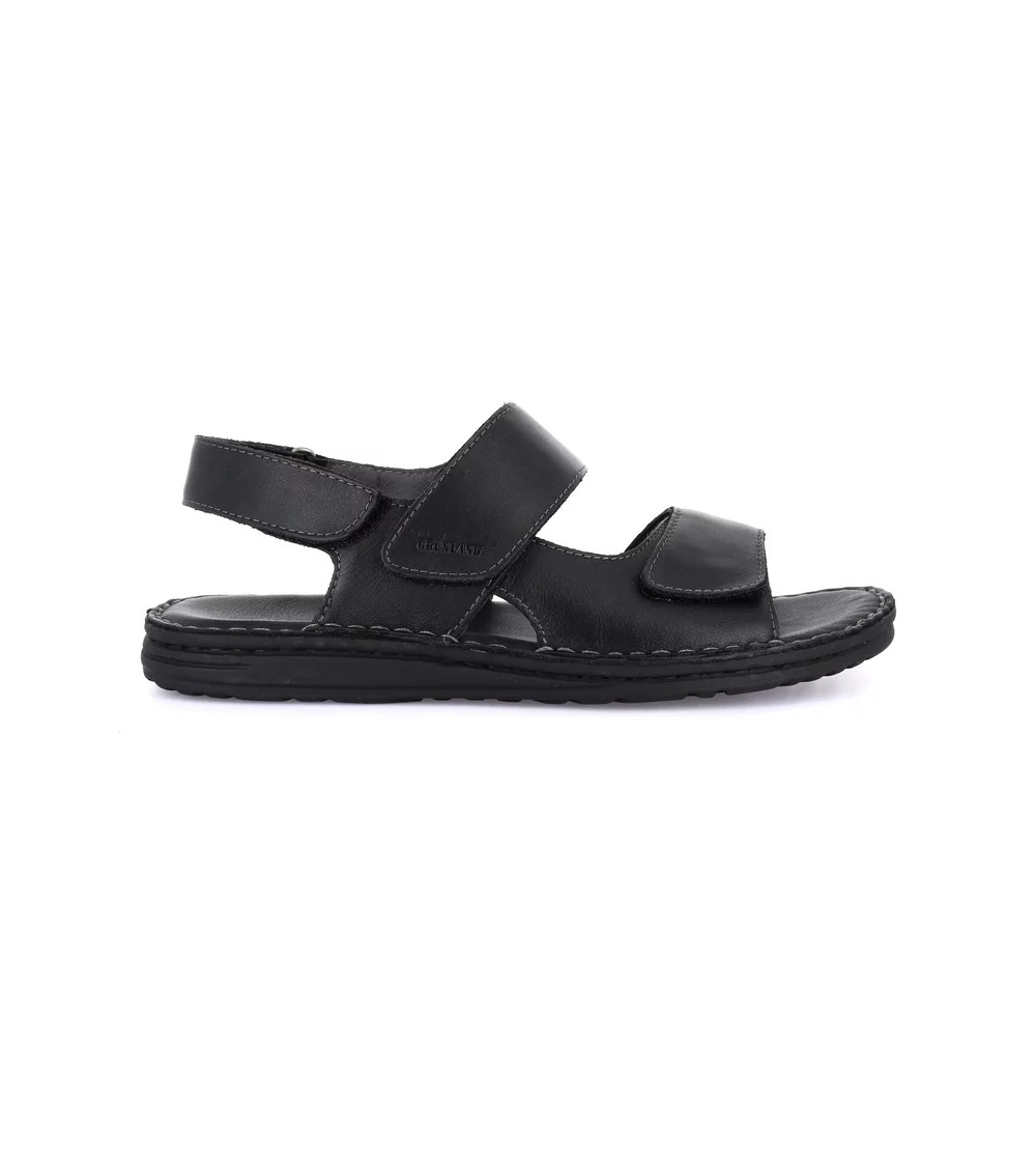 Grunland Sandalo Uomo Cucito 3 Velcro Tutto Pelle Nero