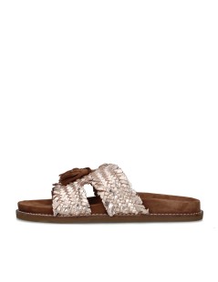 Ekp Ciabatta Monofascia Doppia T Nappine Pelle Intrecciata Platino