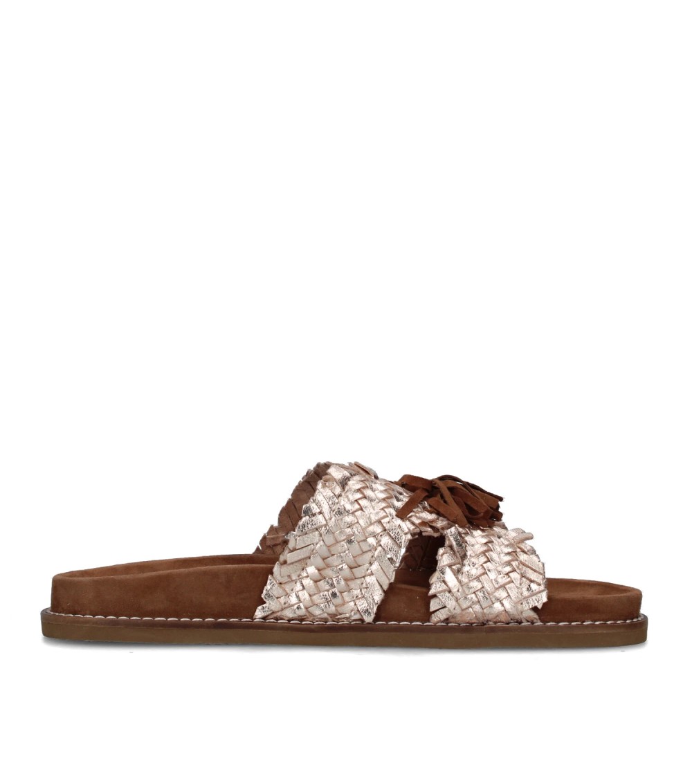 Ekp Ciabatta Monofascia Doppia T Nappine Pelle Intrecciata Platino