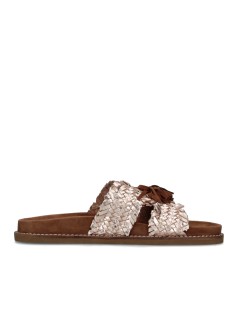 Ekp Ciabatta Monofascia Doppia T Nappine Pelle Intrecciata Platino