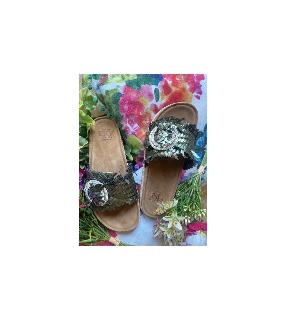 Ekp Ciabatta Monofascia Pelle Intrecciata Fibbia Strass Spilla Verde