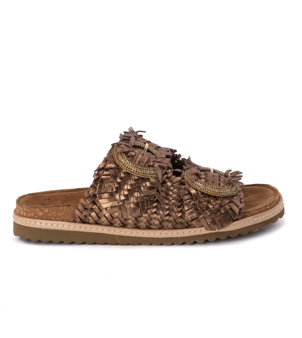 Ekp Ciabatta Doppia Fibbia Strass Pelle Intrecciata Bronzo