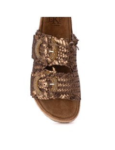 Ekp Ciabatta Doppia Fibbia Strass Pelle Intrecciata Bronzo