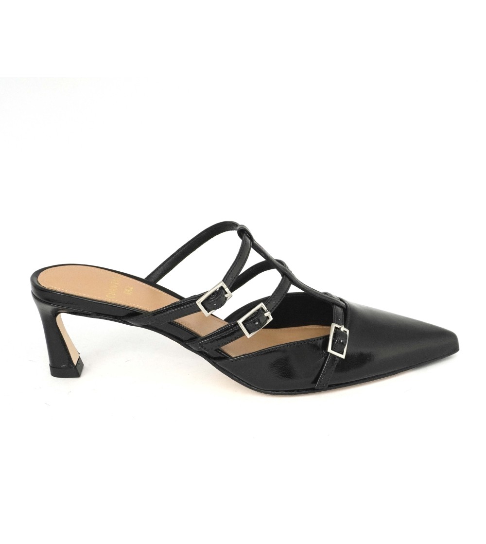 Chantal Sabot Mule Punta Fibbiette Stiletto Naplak Nero