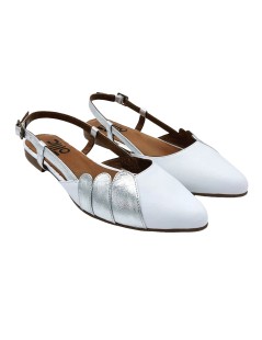 Bueno Slingback Ballerina Braccialetto Fibbia Laminata Bianco Argento