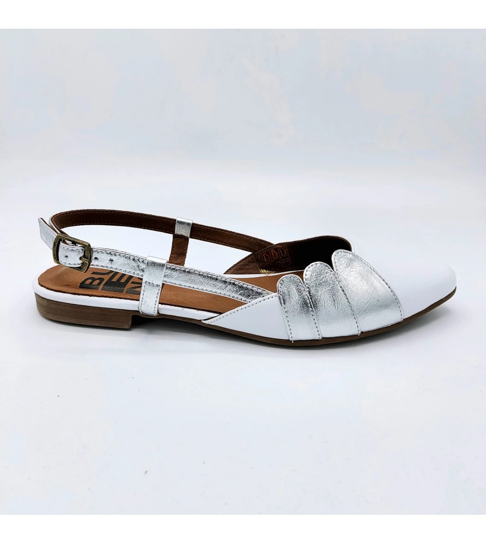 Bueno Slingback Ballerina Braccialetto Fibbia Laminata Bianco Argento