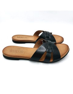 Vueva Ciabattina Tacco Basso Fascette Incrocio Pelle Nero