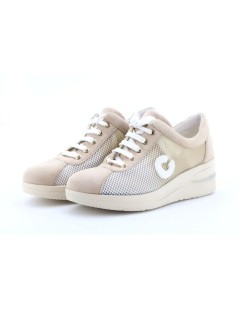 Cinzia Soft Sneakers Traspirante in Rete Dettagli Camoscio Avorio Beige