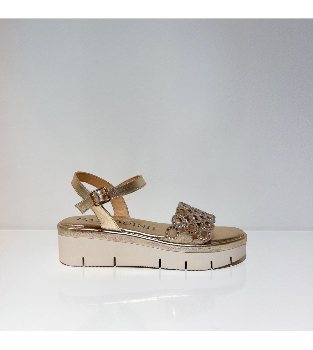 Pasquini Sandalo Zeppa Fascia Forata Strass Braccialetto Platino