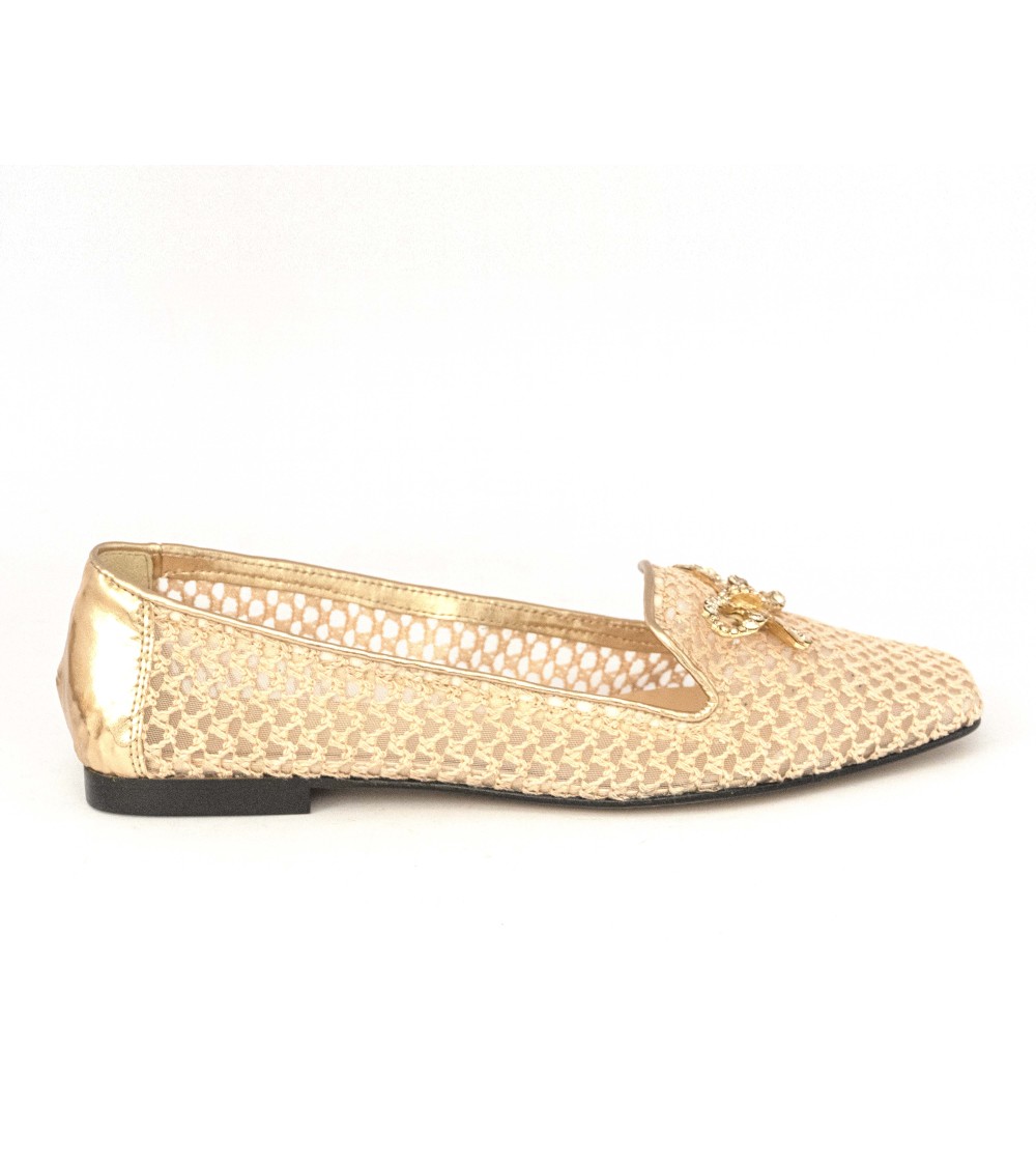 Hegos Mocassino Ballerina Tacco Basso Rete Accessorio Gioiello Oro Rosa