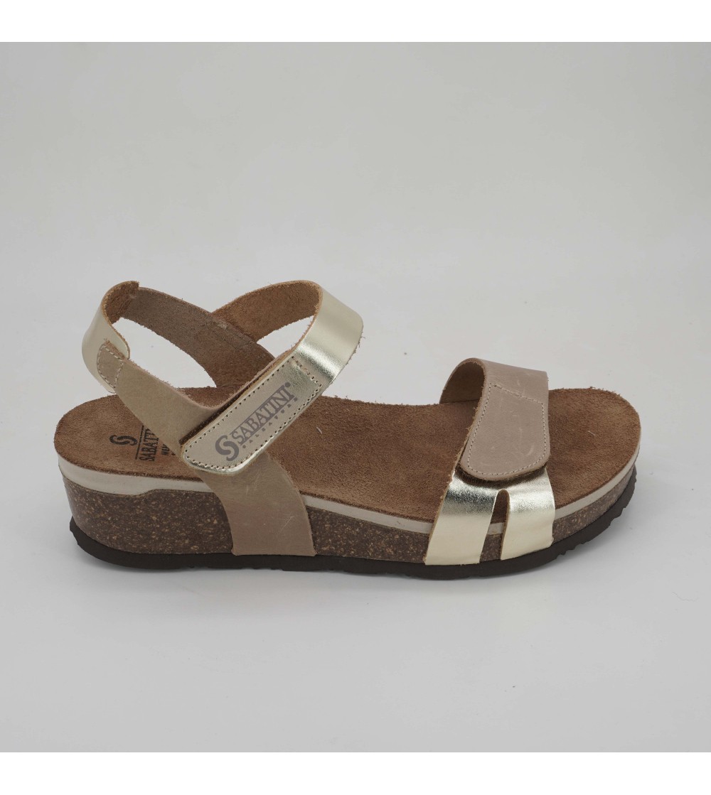 Sabatini Sandali Bio Zeppa Sughero Gel Velcro Pelle Beige Platino