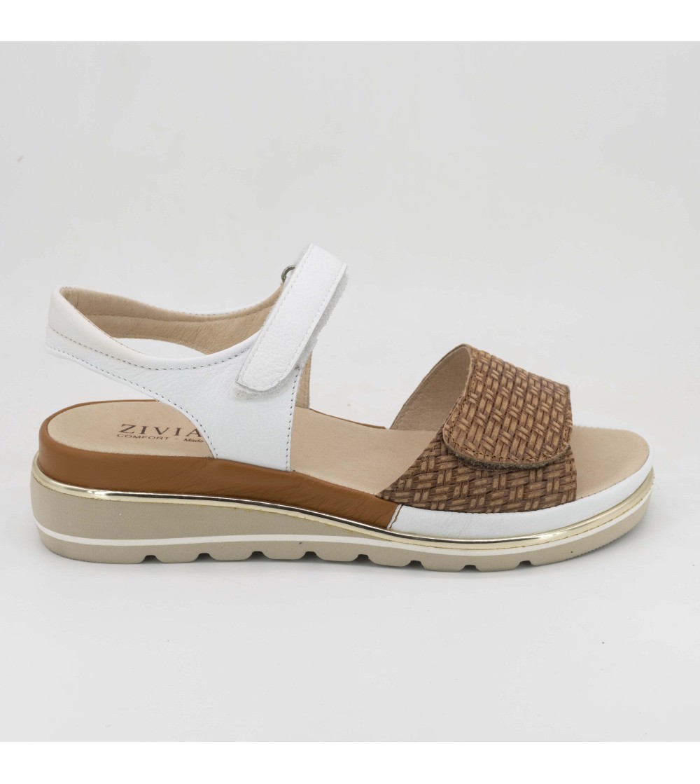 Ziviani Sandalo Comfort Artigianale Zeppa 2 Velcro Nappa Optic Bianco Cuoio