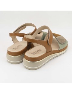 Ziviani Sandalo Comfort Artigianale Zeppa 2 Velcro Camoscio Cuoio Verde