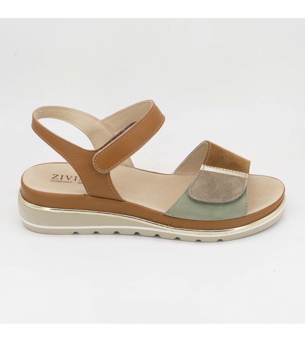 Ziviani Sandalo Comfort Artigianale Zeppa 2 Velcro Camoscio Cuoio Verde