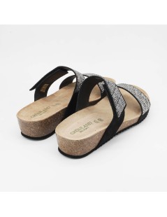 Grunland Ciabatte Zeppa Doppia Fascia Doppio Velcro Strass Nero