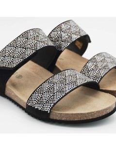 Grunland Ciabatte Zeppa Doppia Fascia Doppio Velcro Strass Nero