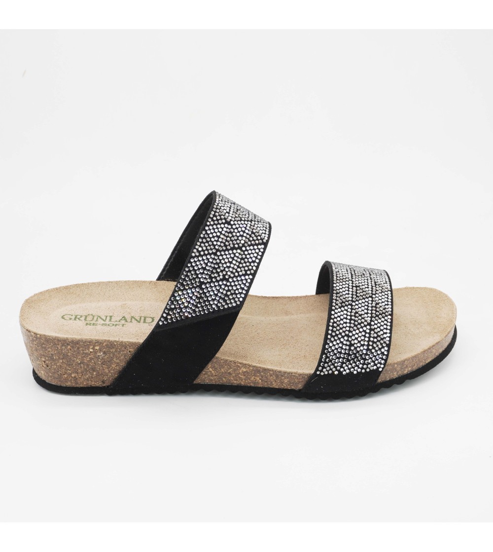 Grunland Ciabatte Zeppa Doppia Fascia Doppio Velcro Strass Nero