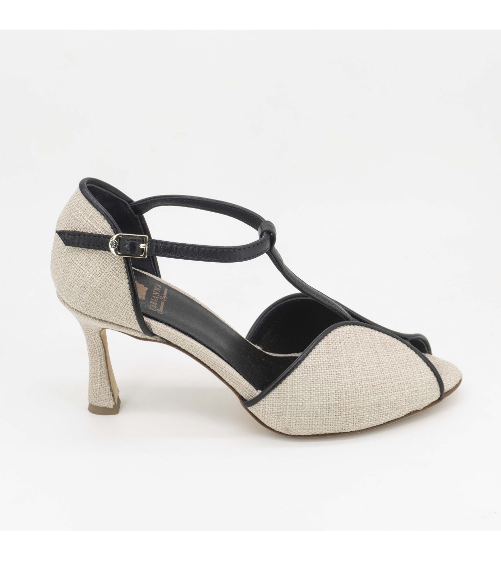 L' Arianna Sandalo Charleston T Bar Nappa Tessuto Nero Ecru