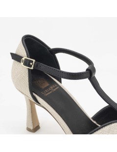 L' Arianna Sandalo Charleston T Bar Nappa Tessuto Nero Ecru