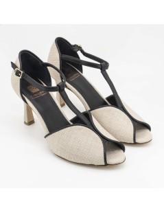 L' Arianna Sandalo Charleston T Bar Nappa Tessuto Nero Ecru