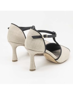 L' Arianna Sandalo Charleston T Bar Nappa Tessuto Nero Ecru