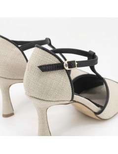 L' Arianna Sandalo Charleston T Bar Nappa Tessuto Nero Ecru