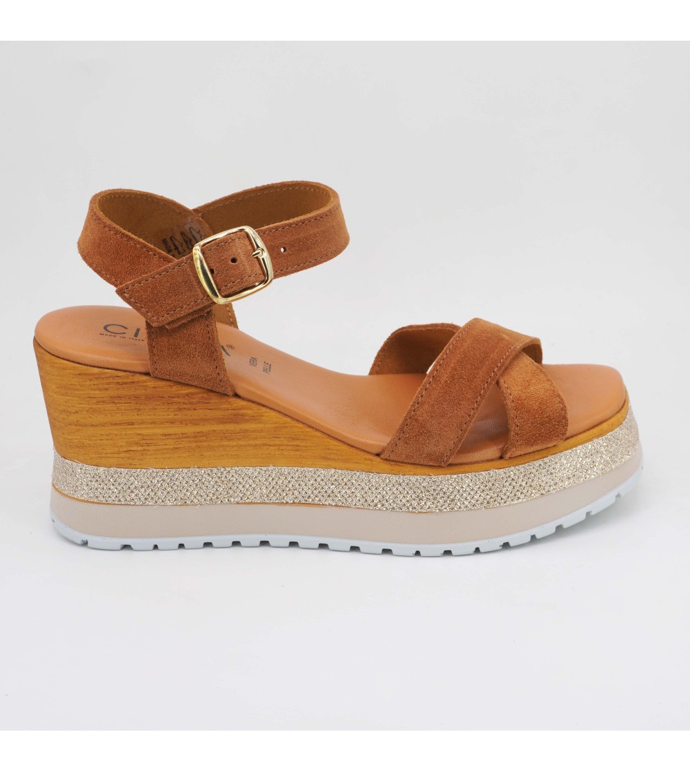 Cinzia Soft Sandalo Zeppa Glitter Plateau Incrocio Camoscio Cuoio