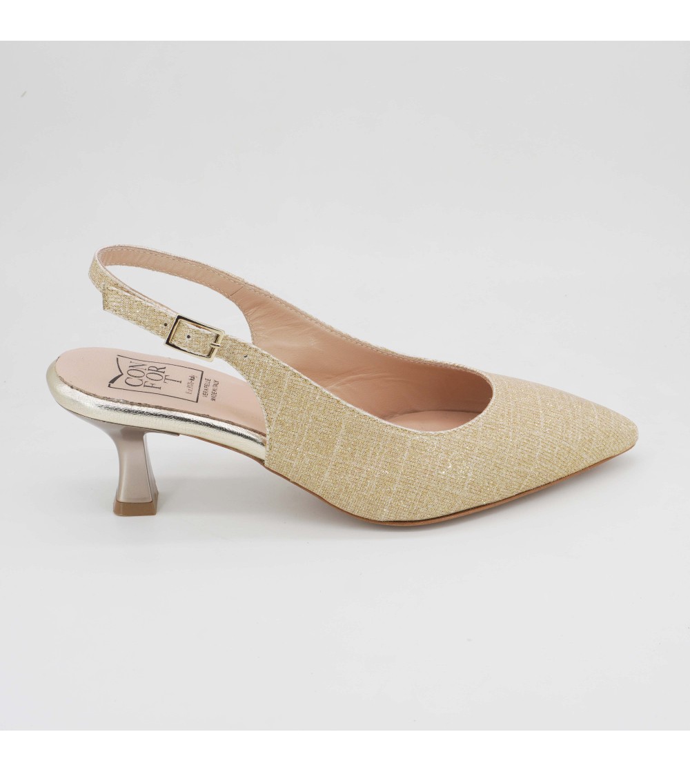 Confort Slingback Cerimonia Tacco Medio Tessuto Glitter Oro