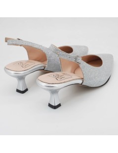 Confort Slingback Cerimonia Tacco Medio Tessuto Glitter Argento