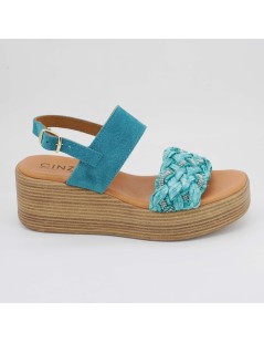 Cinzia Soft Sandalo Zeppa Plateau Treccia Rafia Turchese