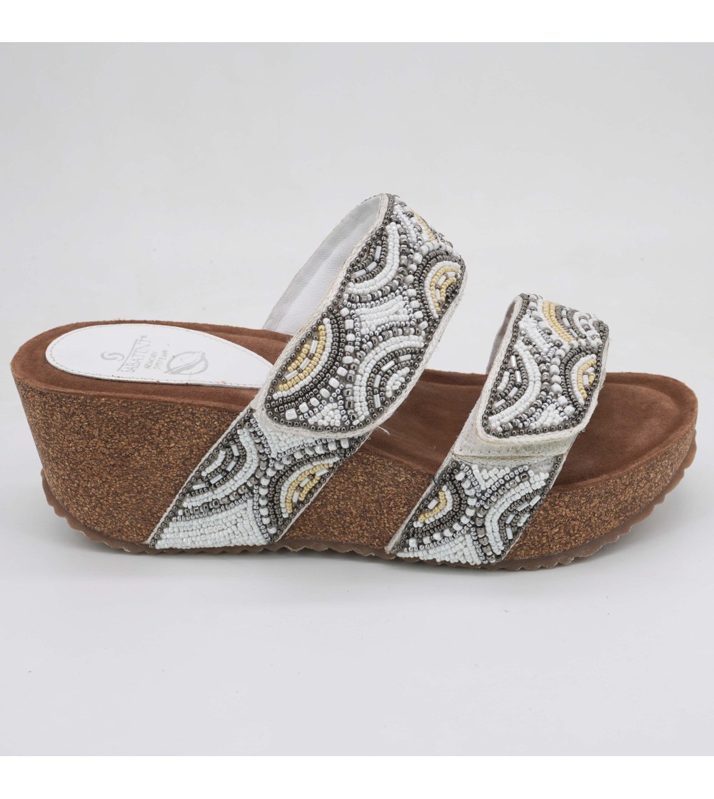 Sabatini Ciabatta Zeppa Doppio Velcro Ethnic Pietre Bianco