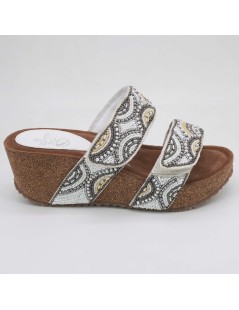 Sabatini Ciabatta Zeppa Doppio Velcro Ethnic Pietre Bianco