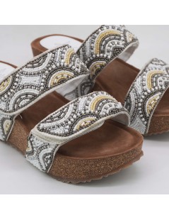 Sabatini Ciabatta Zeppa Doppio Velcro Ethnic Pietre Bianco